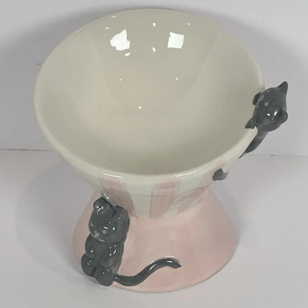 Mellow & Mod Cat Pedestal Bowl Pink Stripe Ceramic Raised Cat Food Dish
